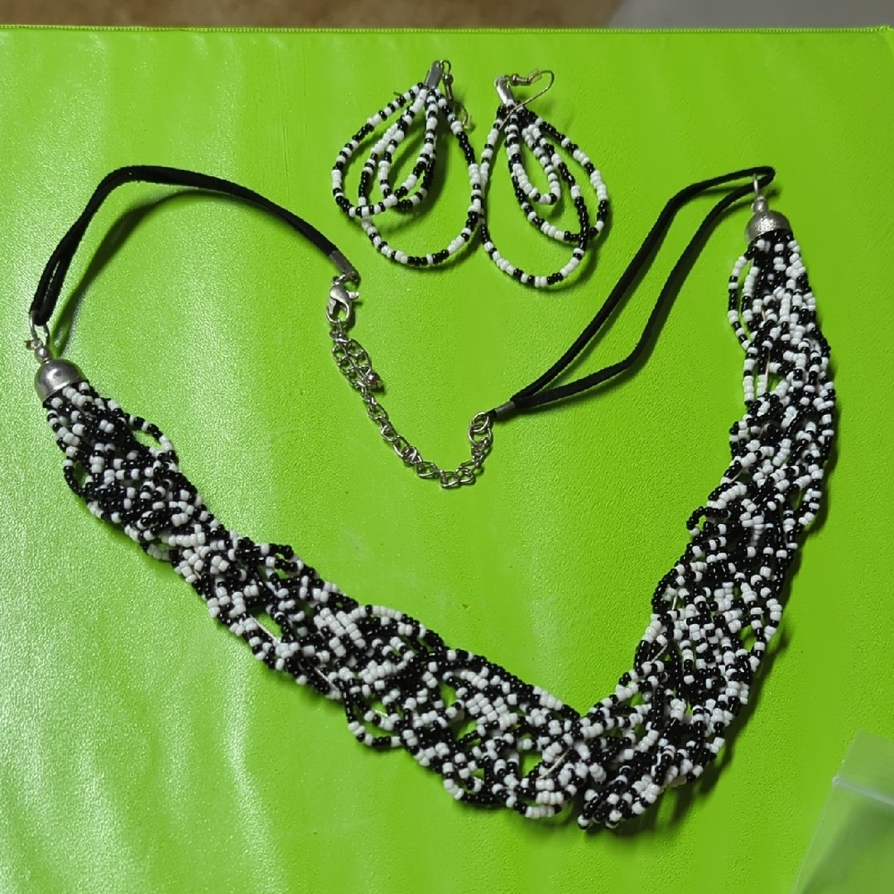 Black and White Beaded Necklace and Earring Set